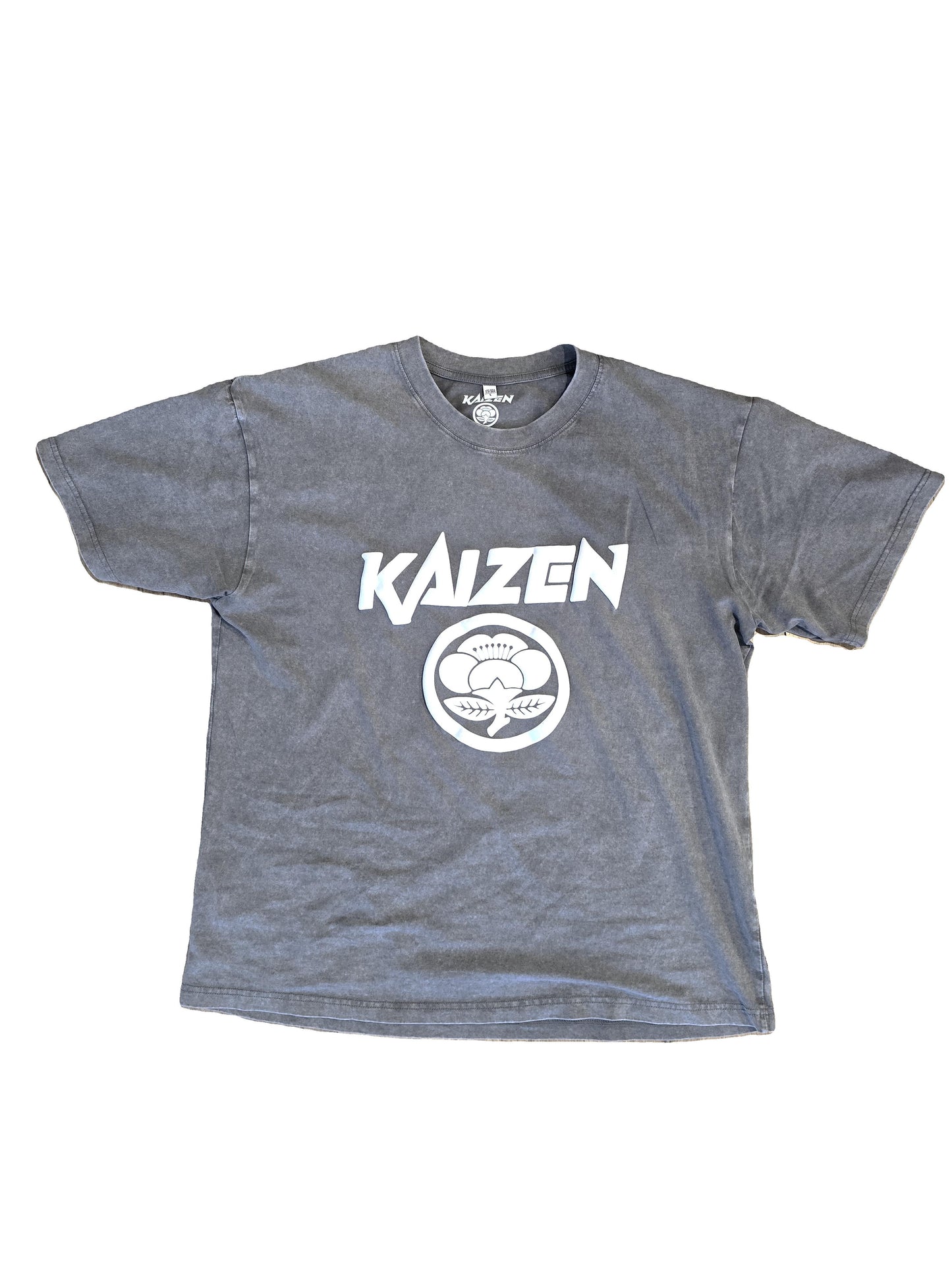 Oversized Acid Washed Puff Writing Kaizen Logo T-shirt Light Grey
