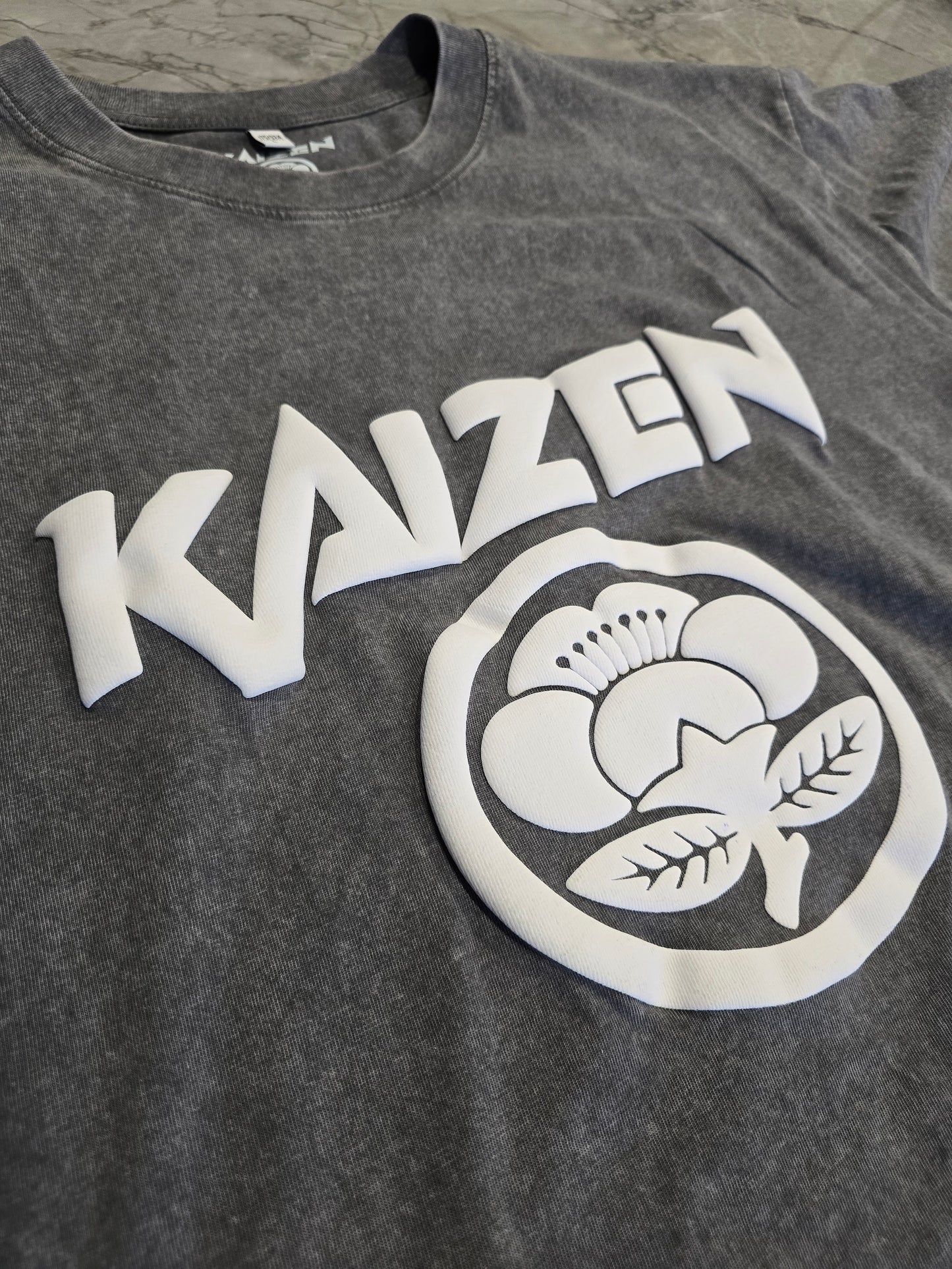 Oversized Acid Washed Puff Writing Kaizen Logo T-shirt Dark Grey