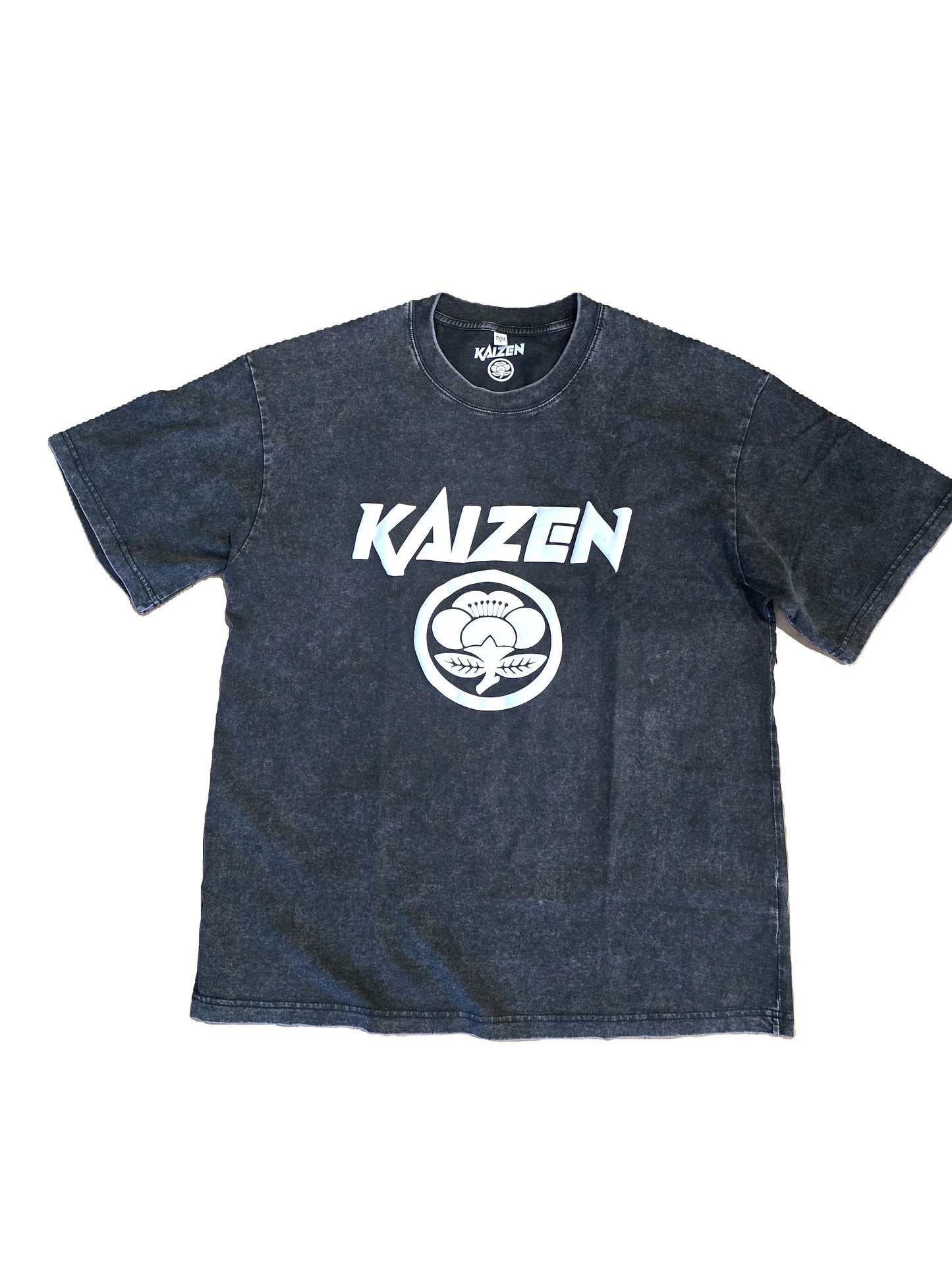 Oversized Acid Washed Puff Writing Kaizen Logo T-shirt Dark Grey