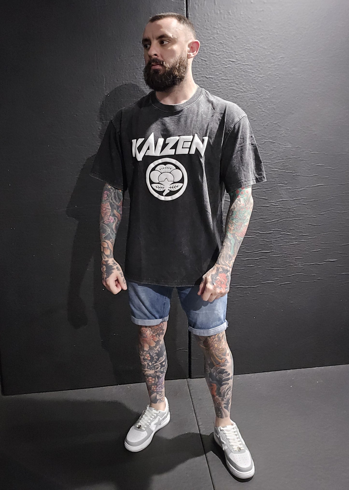 Oversized Acid Washed Puff Writing Kaizen Logo T-shirt Dark Grey