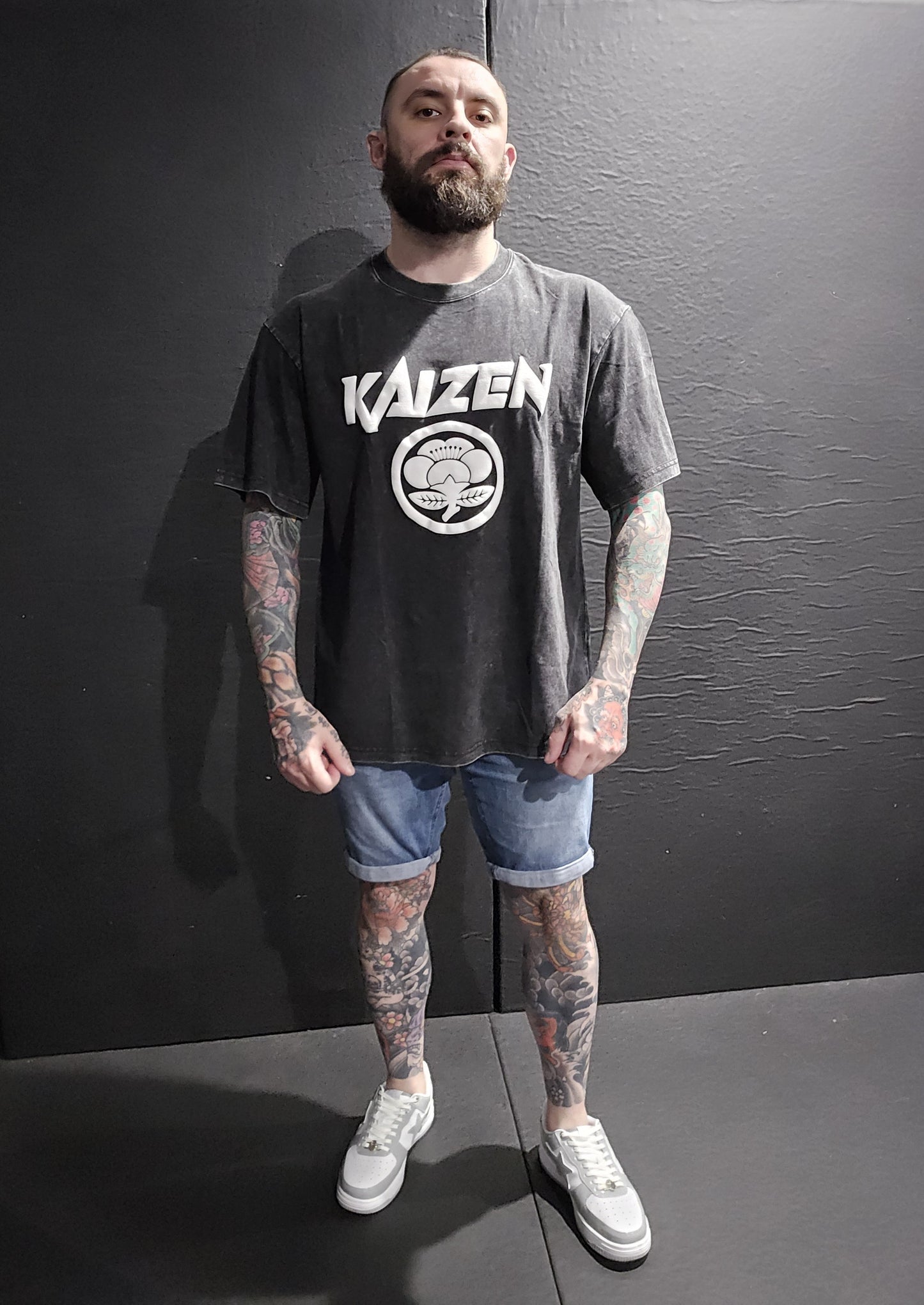Oversized Acid Washed Puff Writing Kaizen Logo T-shirt Dark Grey