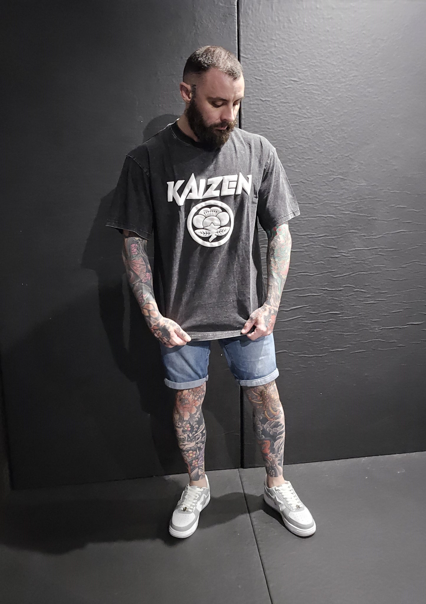 Oversized Acid Washed Puff Writing Kaizen Logo T-shirt Dark Grey