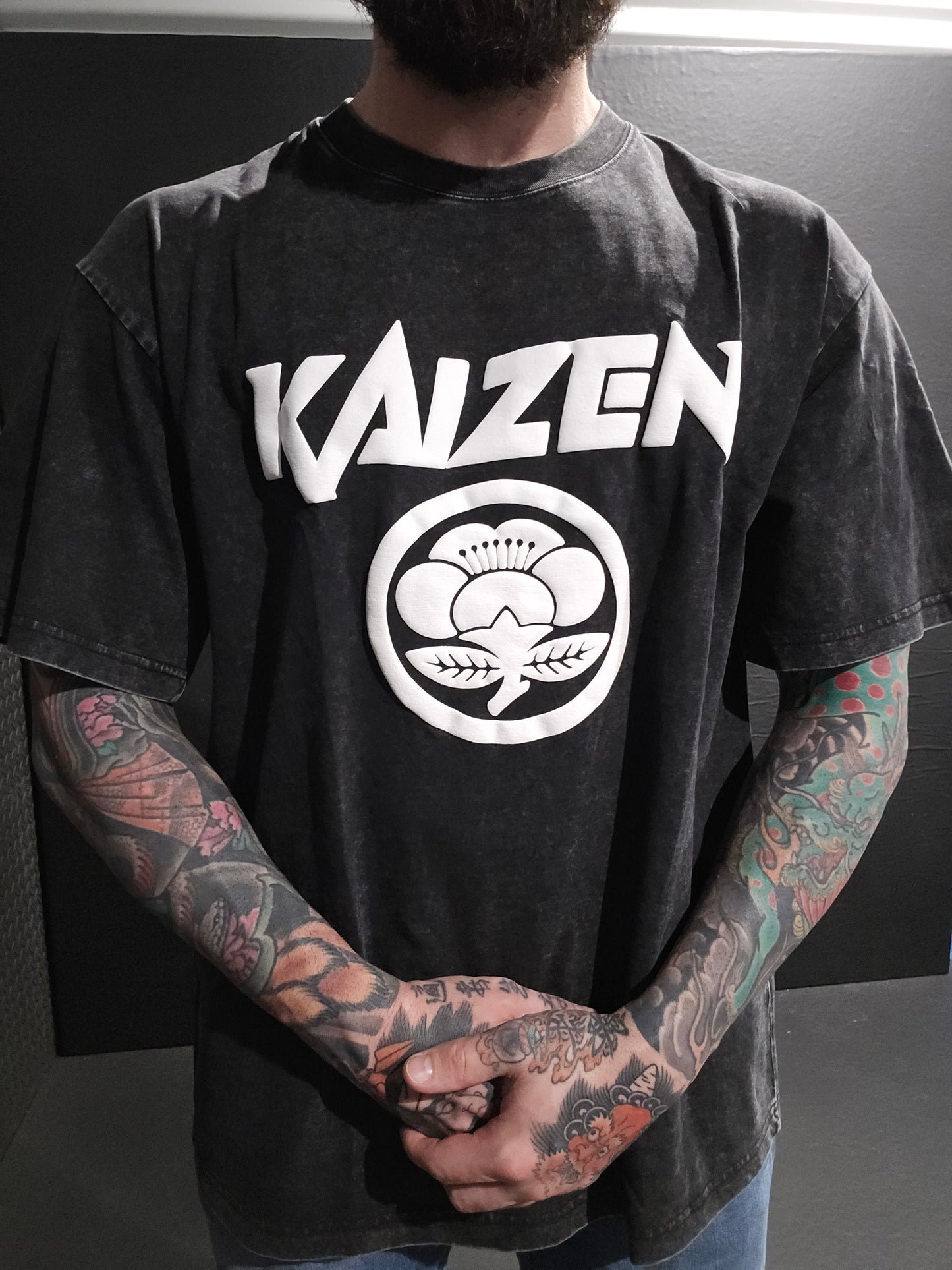 Oversized Acid Washed Puff Writing Kaizen Logo T-shirt Dark Grey