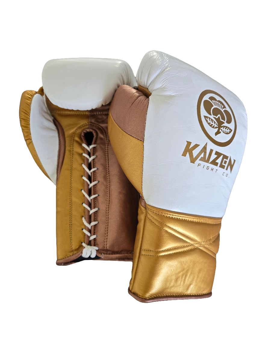KAIZEN WHITE/GOLD 16OZ PRO SPARRING LACE UP BOXING GLOVES