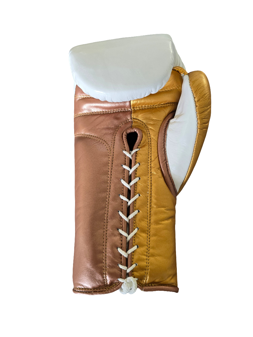 KAIZEN WHITE/GOLD 16OZ PRO SPARRING LACE UP BOXING GLOVES