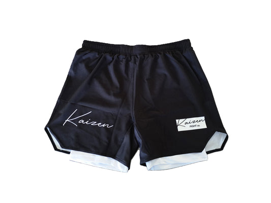 KAIZEN SIGNATURE SERIES BLACK/WHITE 2 IN 1 MMA HYBRID SHORTS