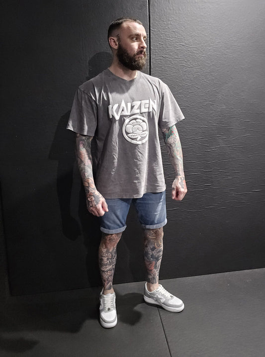 Oversized Acid Washed Puff Writing Kaizen Logo T-shirt Light Grey