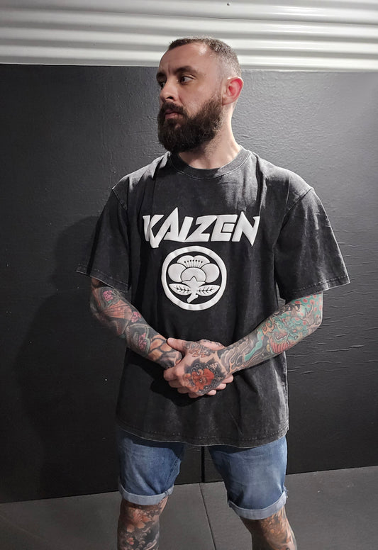 Oversized Acid Washed Puff Writing Kaizen Logo T-shirt Dark Grey