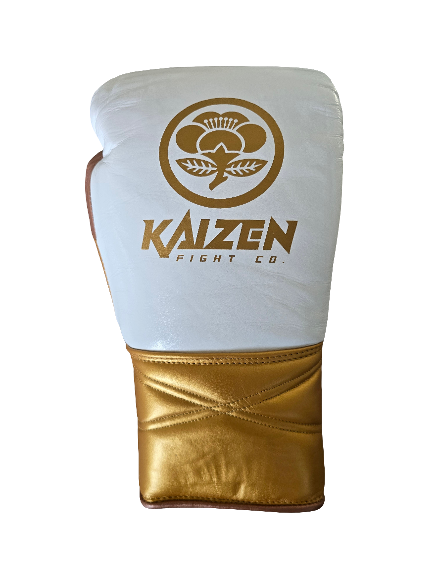 KAIZEN WHITE/GOLD 16OZ PRO SPARRING LACE UP BOXING GLOVES